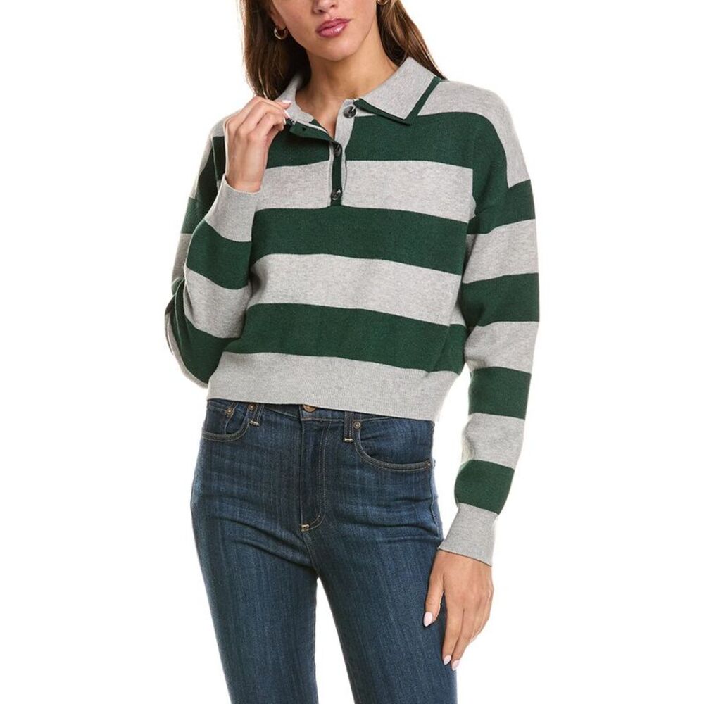 525 America Womens Double Johnny Collar Rugby Stripe Pullover, Grey